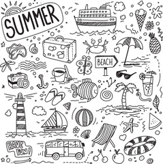Hand drawn vector doodles, set of travel, tourism and summer elements. 
