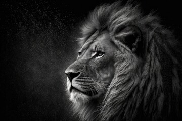 On a dark background, a lion. Picture in black and white. Generative AI