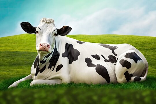 On a green slope, a pregnant white cow with black spots is lying down. On the pasture, there is a big domestic animal with a big belly and udder. Agriculture and taking care of animals. The picture of