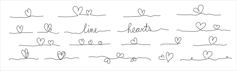 One line hearts vector collection, Love hearts illustration, One line minimalist vector, valentines day illustration, Hearts vector set. Outline drawinds. Valentines Day. Love symbols.