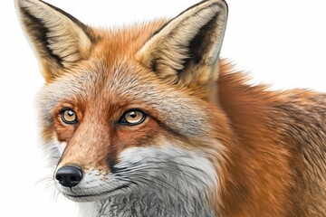 American red fox (Vulpes vulpes) close up cropped detailed portrait on a white background, side view. Generative AI illustration.