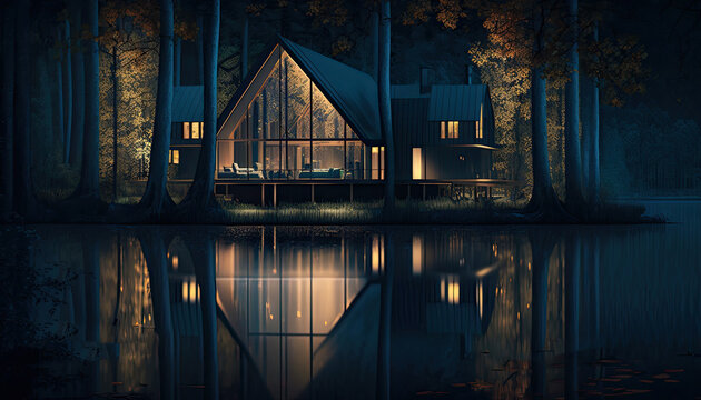 Modern Cabin In The Woods At Night By A Lake By Generative AI