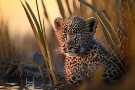 On January 9, 2023, a young leopard cub is seen in the Okavango Delta. Generative AI