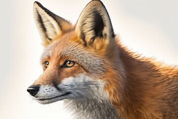 Fototapeta premium American red fox (Vulpes vulpes) close up cropped detailed portrait on a white background, side view. Generative AI illustration.