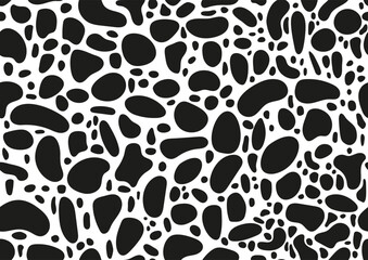 Fototapeta na wymiar Dalmatian seamless pattern or animal print with skin spot texture. Abstract shapes design dog or cow black spots on background for textile. Simple endless natural leather backdrop.