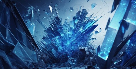 Background image fragments of blue glassy material, on a dark background, dynamic background