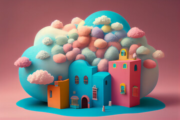 ciudad conceptual en 3D de diferentes colores y cielo con nubes de algodón con un fondo color rosa