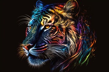 On a black background, there is a creative logo design of a colorful tiger. Generative AI