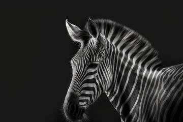 Fototapeta na wymiar One zebra on a black background, seen from the side. Black and white art photography, striped animal pattern, african wild nature monochrome wallpaper, copy space. Generative AI