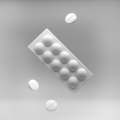 Blister packs antibiotics and pills front side view. Blue drug blister packaging Blue Pills Medicament 3D rendering. Medical Pills In Blisters, 3d Render Illustration. greyscale.