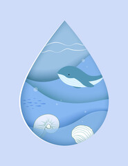 Obraz premium Water drop with ocean landscape. Whale and shell on a blue background. Illustration in paper cut style.