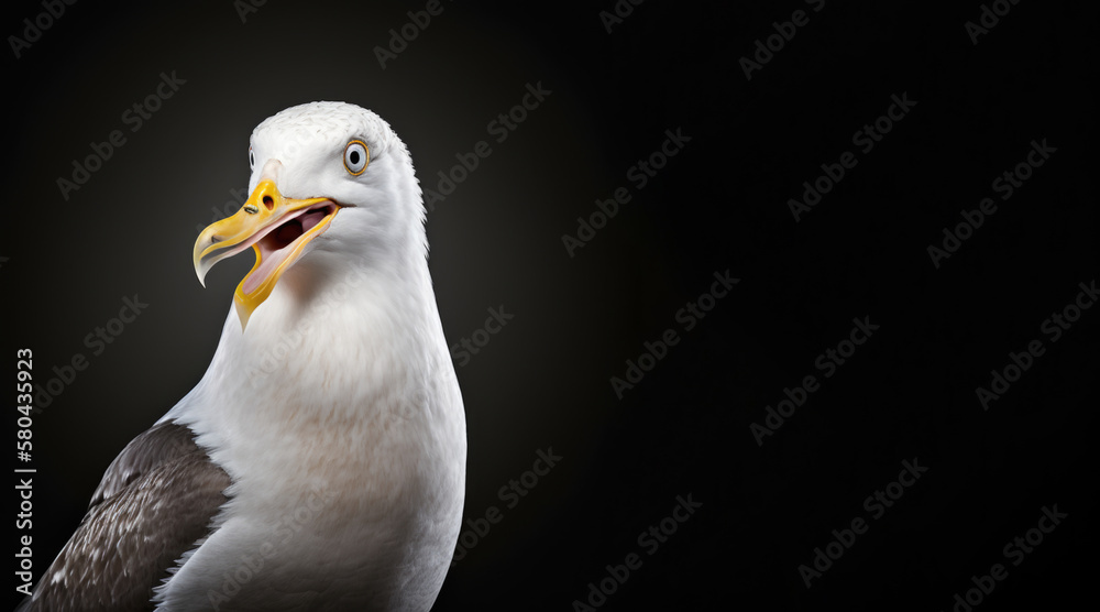 Wall mural portrait of a happy seagull, photo studio set up with key light, isolated with black background and 