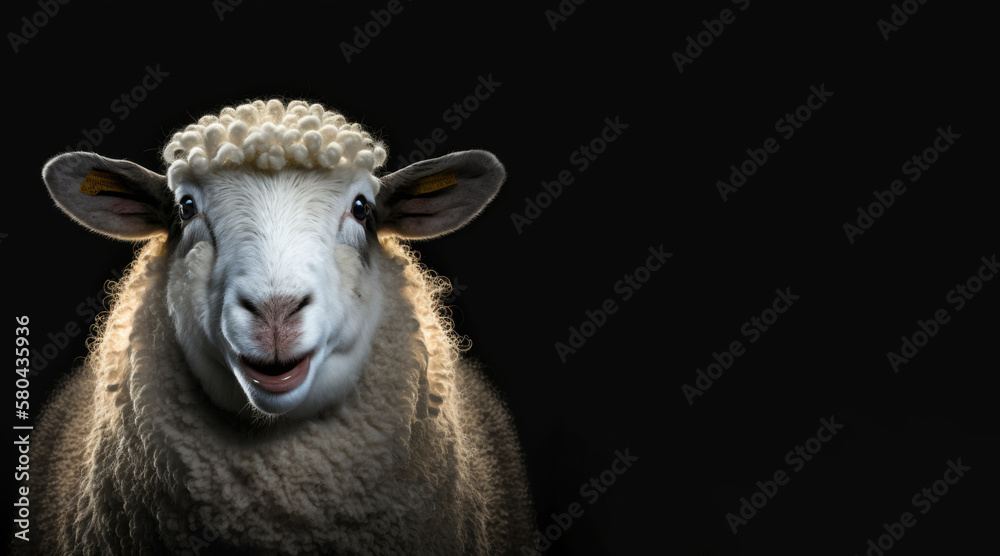Wall mural portrait of a happy white sheep, photo studio set up with key light, isolated with black background 