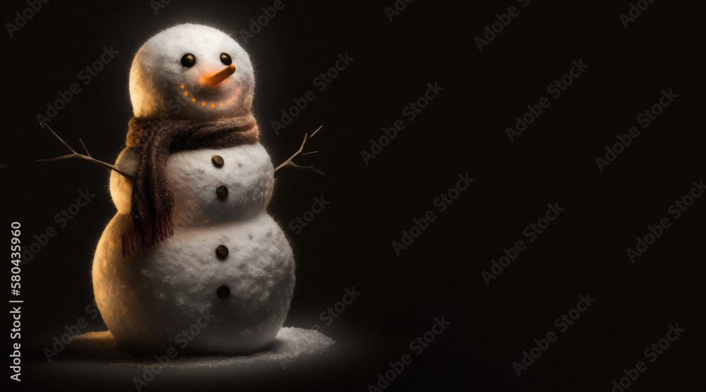 Wall mural portrait of a happy smiling snowman, photo studio set up with key light, isolated with black backgro