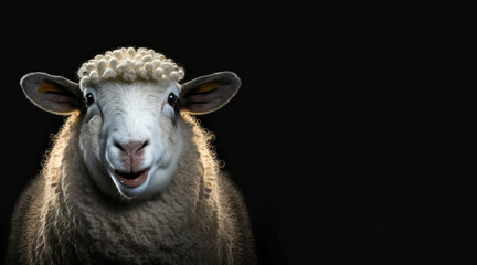 portrait of a happy white sheep, photo studio set up with key light, isolated with black background and copy space - generative ai