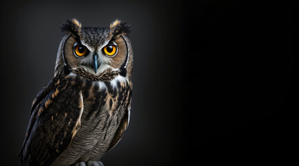 Fototapeta premium portrait of a happy smiling owl, photo studio set up with key light, isolated with black background and copy space - generative ai