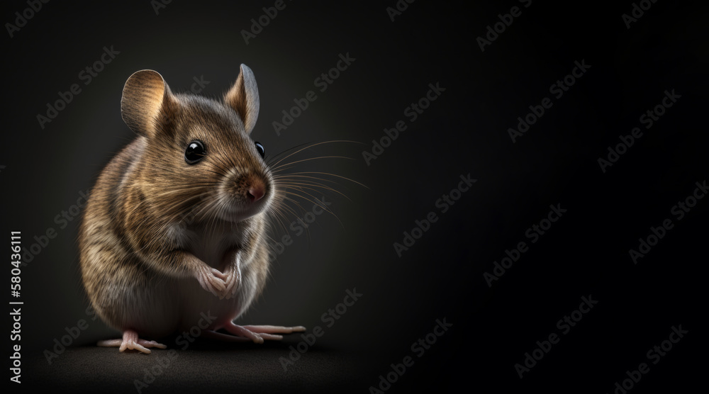Wall mural portrait of a happy mouse, photo studio set up with key light, isolated with black background and co