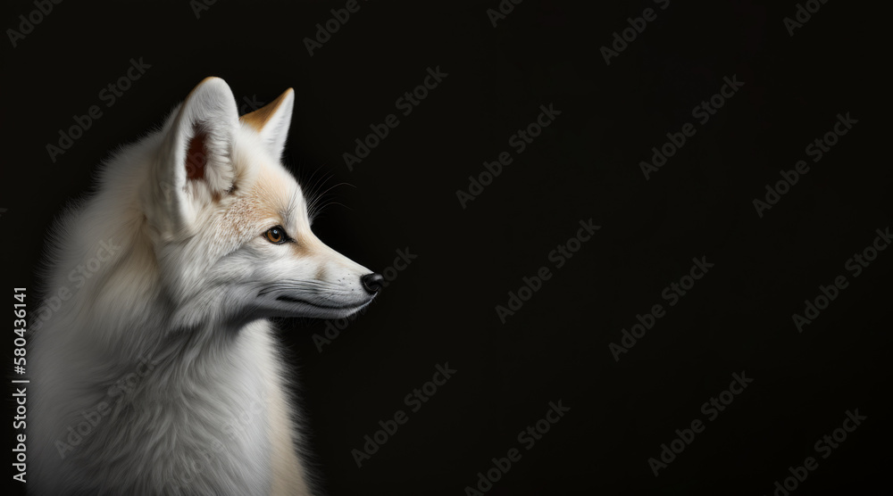 Wall mural portrait of a polar fox, photo studio set up with key light, isolated with black background and copy