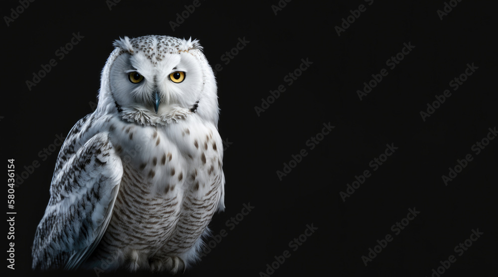 Wall mural portrait of a polar owl, photo studio set up with key light, isolated with black background and copy