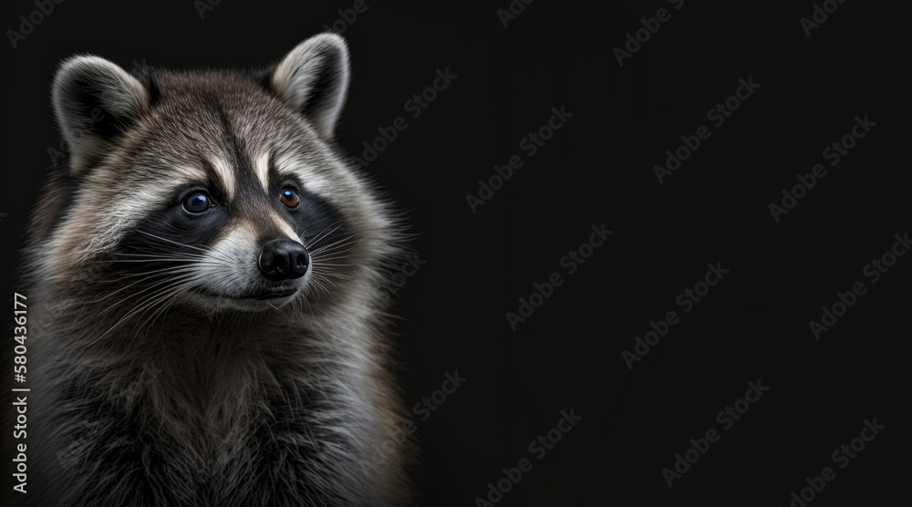 Wall mural portrait of a raccoon, photo studio set up with key light, isolated with black background and copy s