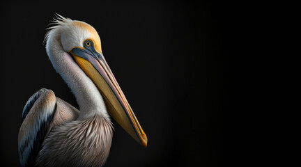 portrait of a pelican, photo studio set up with key light, isolated with black background and copy space - generative ai