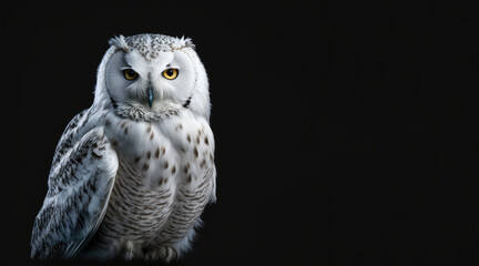 portrait of a polar owl, photo studio set up with key light, isolated with black background and copy space - generative ai