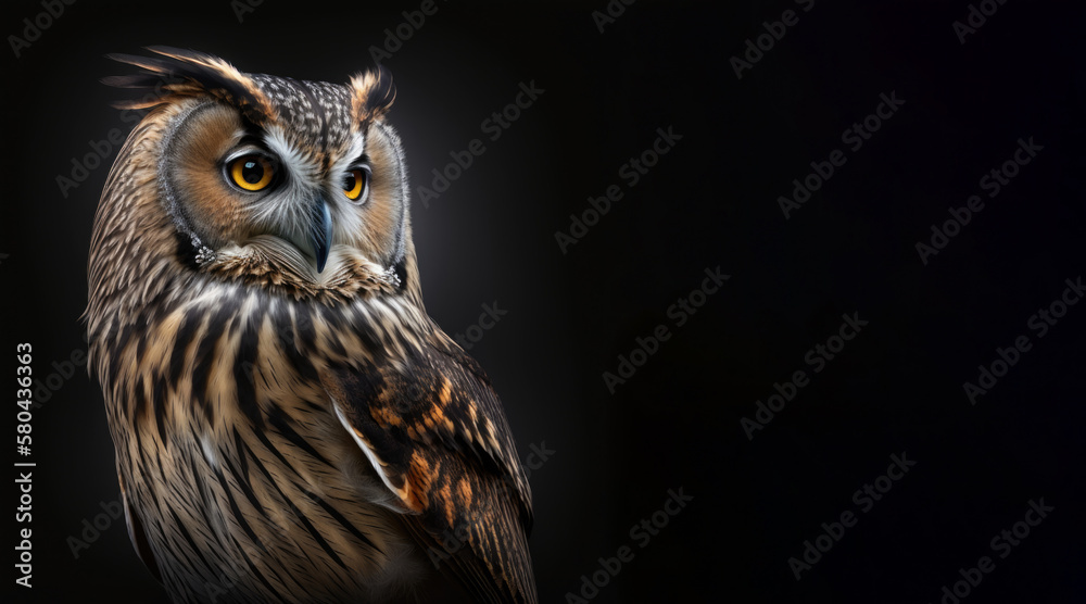 Wall mural portrait of a owl, photo studio set up with key light, isolated with black background and copy space