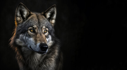 portrait of a grey wolf, photo studio set up with key light, isolated with black background and copy space - generative ai