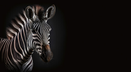 Fototapeta na wymiar portrait of a zebra, photo studio set up with key light, isolated with black background and copy space - generative ai