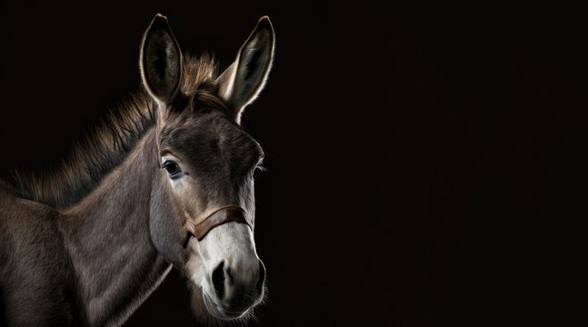 portrait of a donkey, photo studio set up with key light, isolated with black background and copy space - generative ai