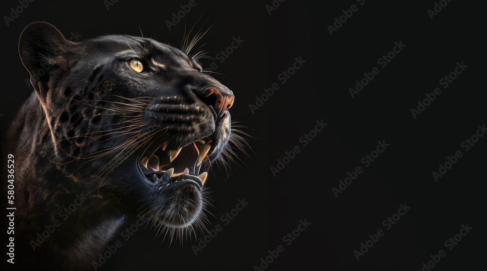 Wall mural portrait of a black panther smiling showing teeth, photo studio set up with key light, isolated with