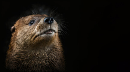 portrait of a happy smiling bever, photo studio set up with key light, isolated with black background and copy space - generative ai	