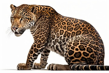 Isolated on a white background, a side view of a Jaguar, Panthera onca, the biggest cat in South America, looking straight at the camera. Generative AI
