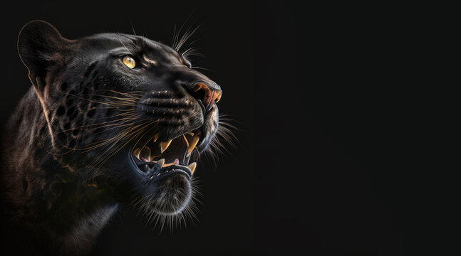 portrait of a black panther smiling showing teeth, photo studio set up with key light, isolated with black background and copy space - generative ai	