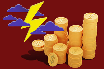 Lightning near gold coins. Problems in financial markets. Economic crisis. Clouds metaphor of crisis. Coins on red. Crisis of financial system. Bankruptcy of deposits and investments. 3d image