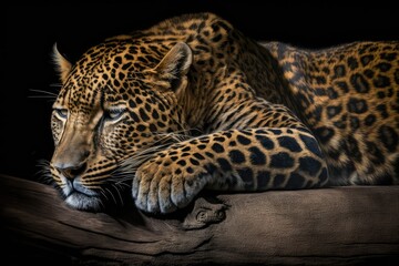 Leopard sleeping on a log against a black background. Generative AI
