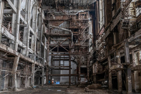 Old abandoned post-Soviet coal power plant in Hungary near Budapest