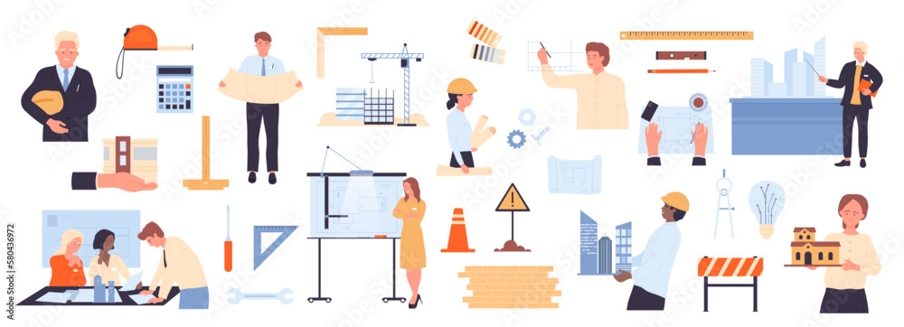 Wall mural architects job and projects set vector illustration. cartoon engineers and employees of construction