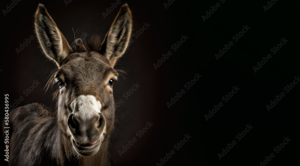 Wall mural portrait of a happy donkey, photo studio set up with key light, isolated with black background and c