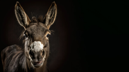 portrait of a happy donkey, photo studio set up with key light, isolated with black background and copy space - generative ai
