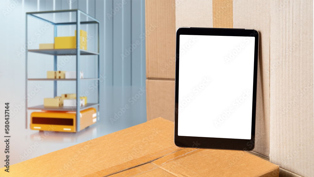 Poster tablet mock up. warehouse racks with boxes. electronic tablet with empty white screen. amr for wareh