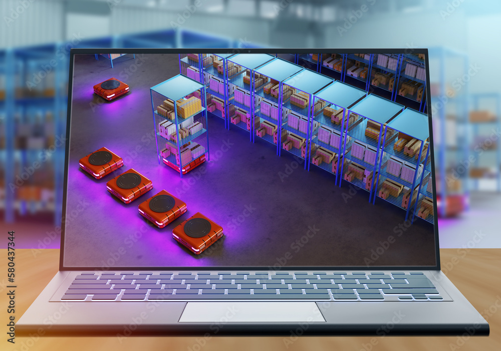 Poster automated warehouse. laptop with robotic storage in screen. observation of warehouse through compute