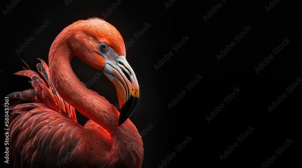 Wall mural portrait of a flamingo, photo studio set up with key light, isolated with black background and copy 