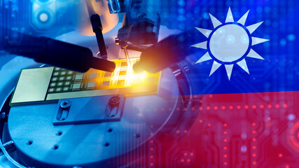 Microelectronics from Taiwan. Microchip with flag. Production of microelectronics in republic of Taiwan. Production of microchips and PCB. Production of semiconductors in Taiwan. 3d image