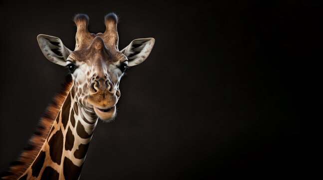 portrait of a giraffe, photo studio set up with key light, isolated with black background and copy space - generative ai