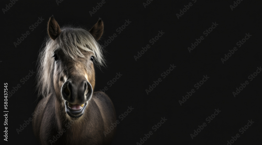Wall mural portrait of a happy pony, photo studio set up with key light, isolated with black background and cop