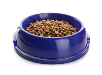 Blue bowl of dry pet food on white background, closeup