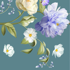 Watercolor various flowers, leaves, roses, peonies, stripes