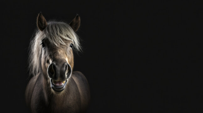 portrait of a happy pony, photo studio set up with key light, isolated with black background and copy space - generative AI