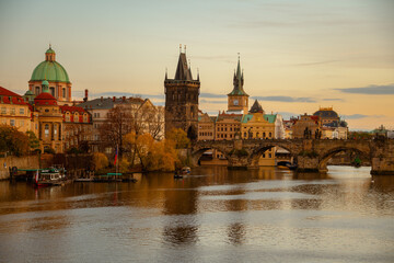 landscape with Vltava river and Charles Bridge